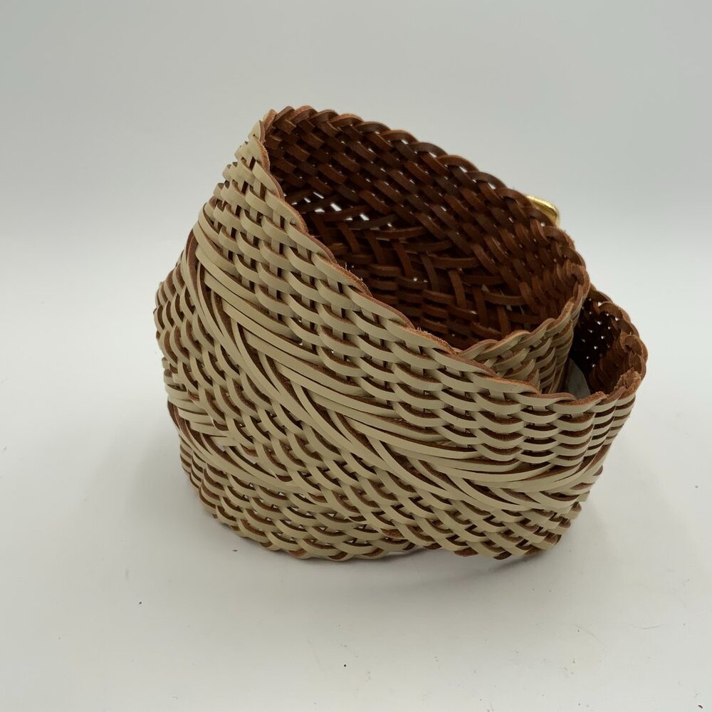 Linea Pelle Women's Cream Leather Woven Braided Wide Belt Brass Buckle - Size S - Picture 3 of 6
